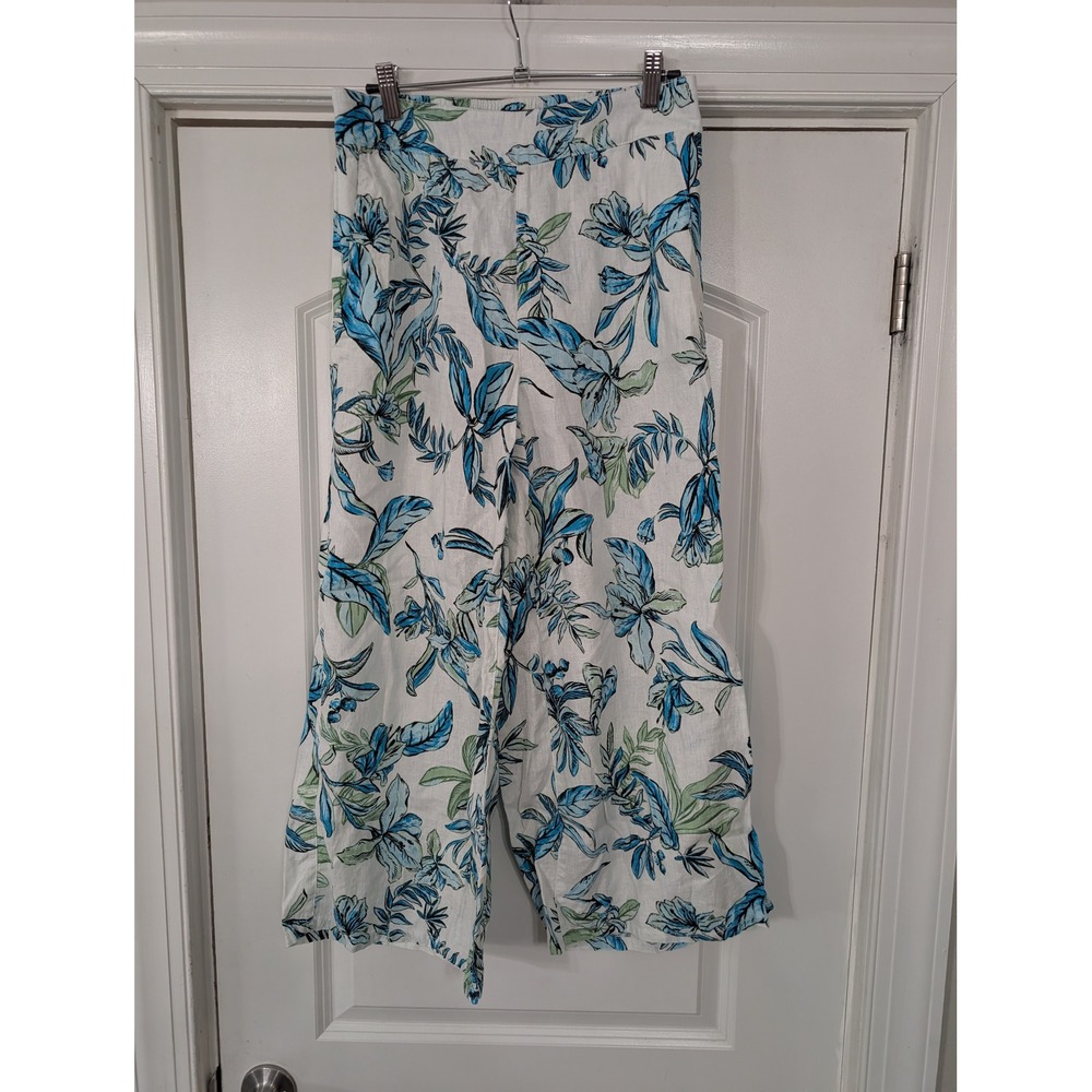 TAHARI Linen Tropical Floral Wide Leg Cropped Pants Women's Medium beachy resort